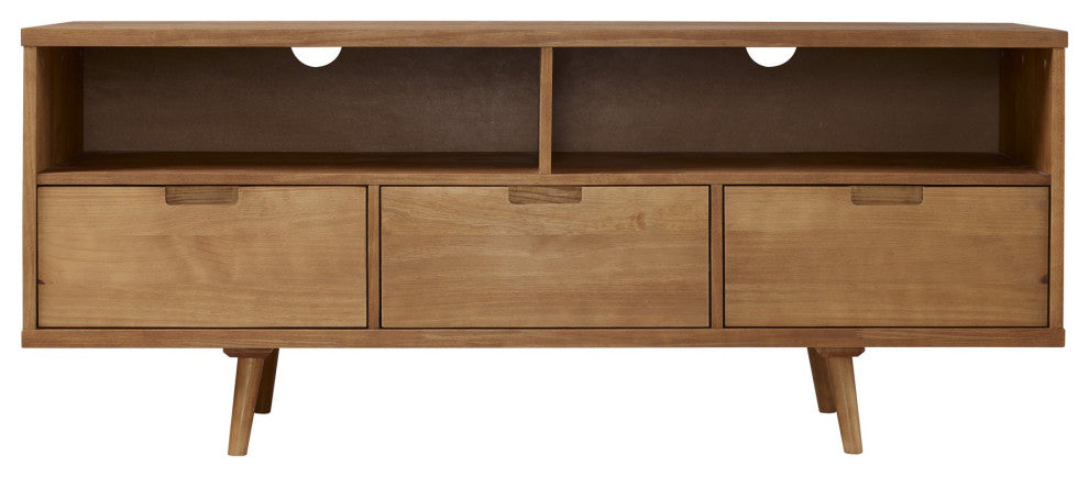 Rectangular TV Stand, Sleek Angled Legs With 3 Open Shelves & 3 Drawers, Caramel