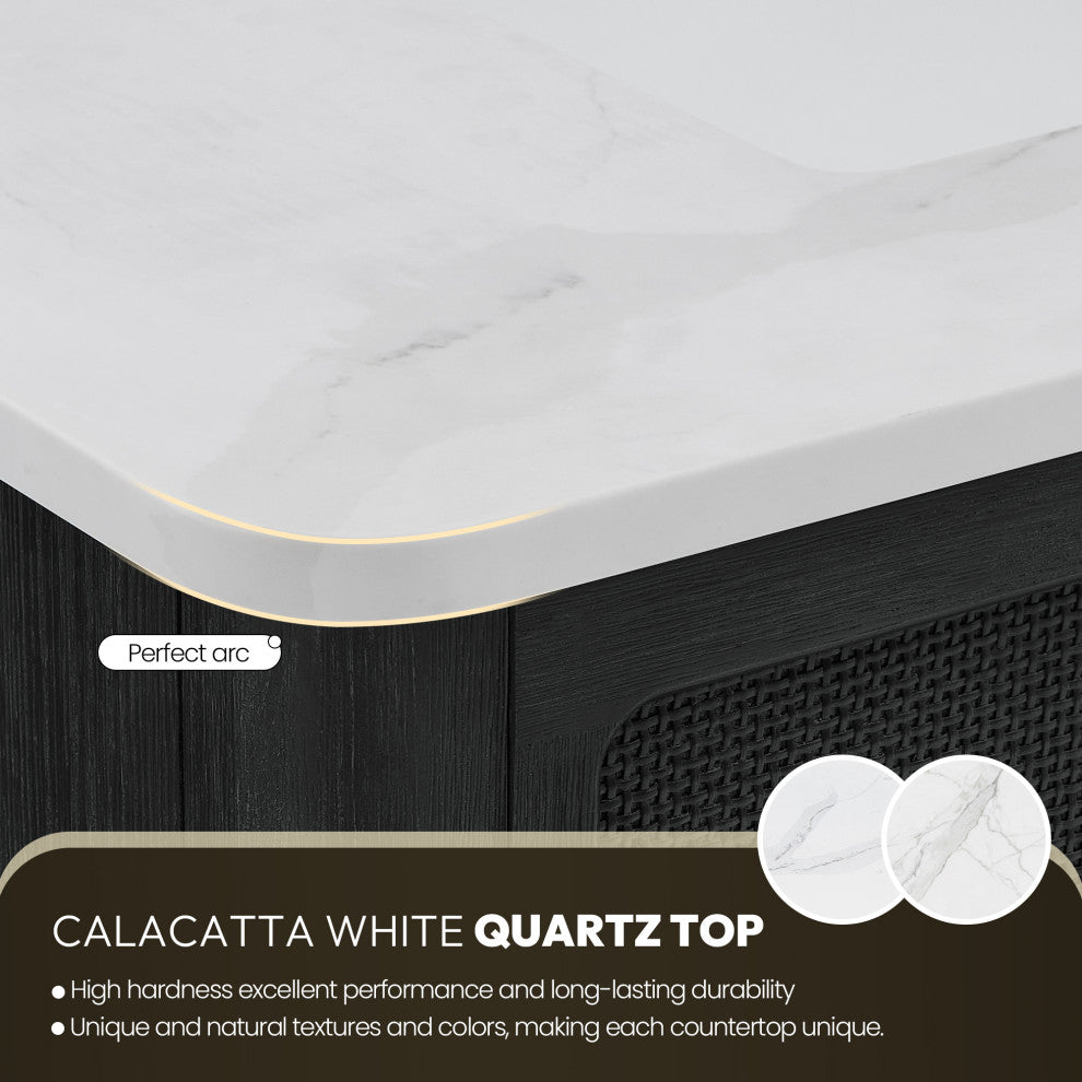 Busan Bath Vanity, Quartz Top No Mirror, Oak Classic Black, 60", Double Vanity