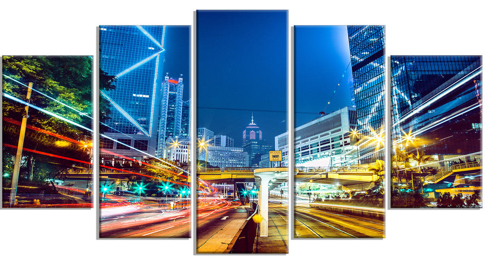 Hong Kong City Night Scene, Cityscape Art Print on Canvas, 60"x32", 5 Panels