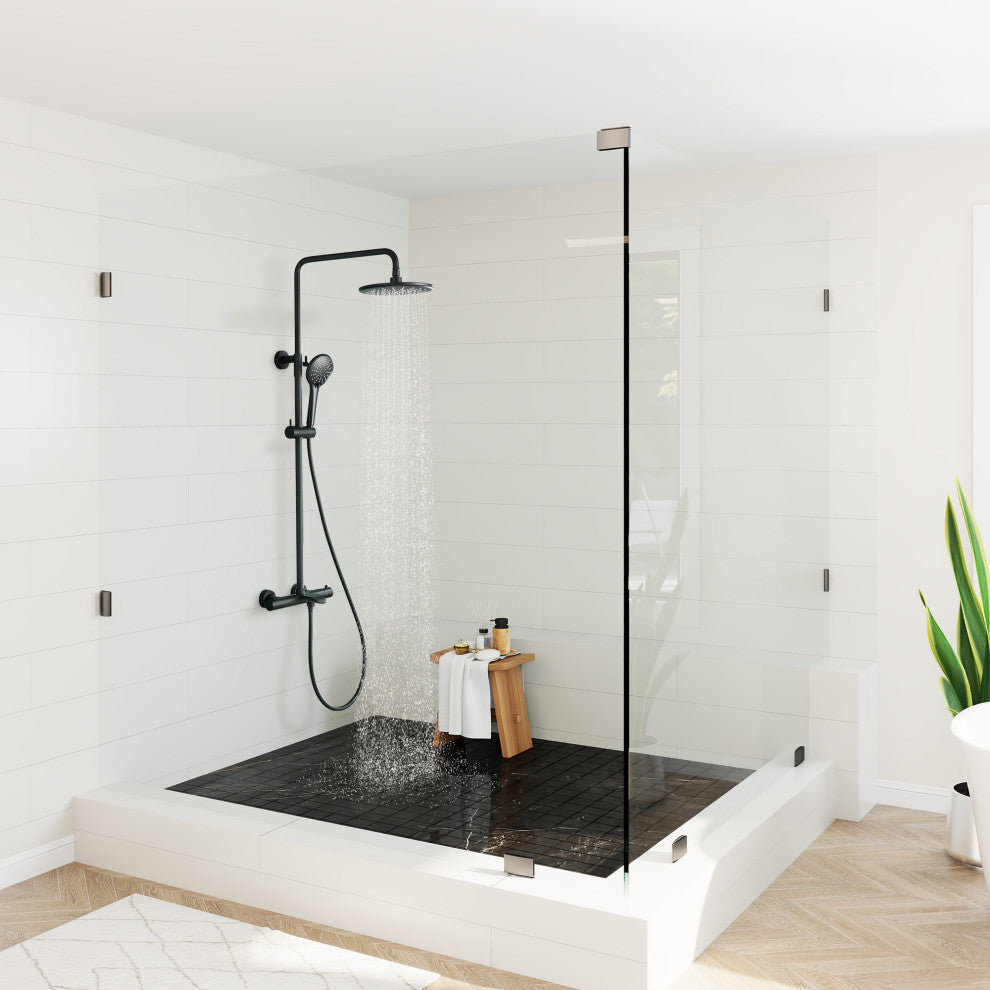 Thermostatic Round Shower Faucet Dual Head Waterfall Shower Bar System, Matte Black