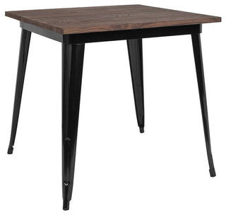 31.5" Square Black Metal Indoor Table With Walnut Rustic Wood Top