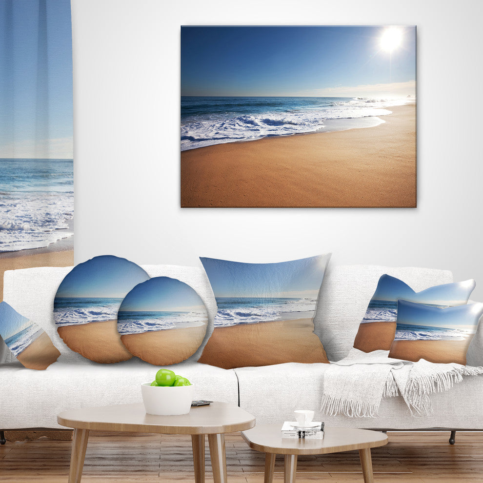 Calm Blue Beach Under Bright Sun Seascape Throw Pillow, 16"x16"