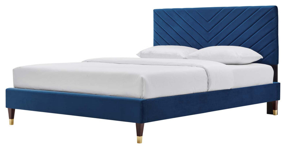 Platform Bed Frame, Queen Size, Blue Navy, Velvet, Modern, Bedroom Guest Suite