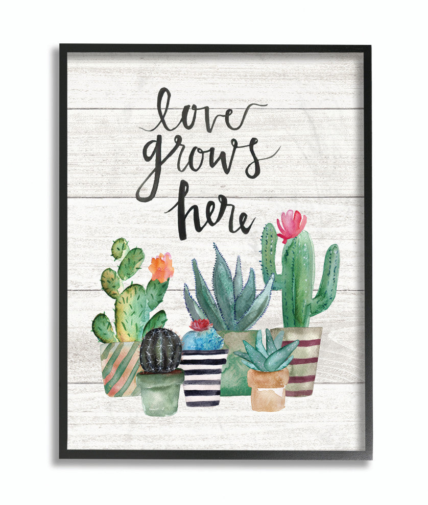 Stupell Industries Love Grows Here Cactus Succulents Watercolor, 24"x30", Black