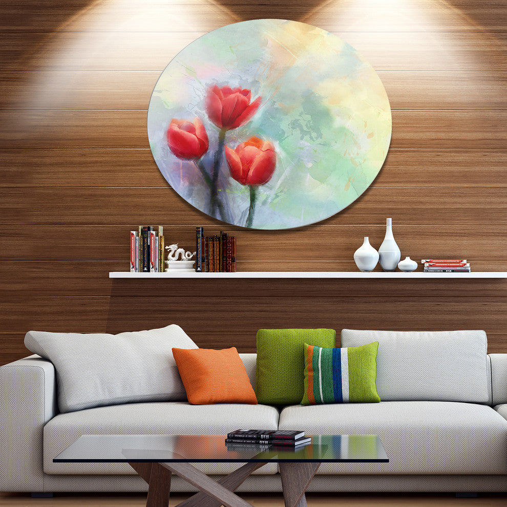 Red Tulips On Light Blue Watercolor, Floral Round Wall Art, 11"