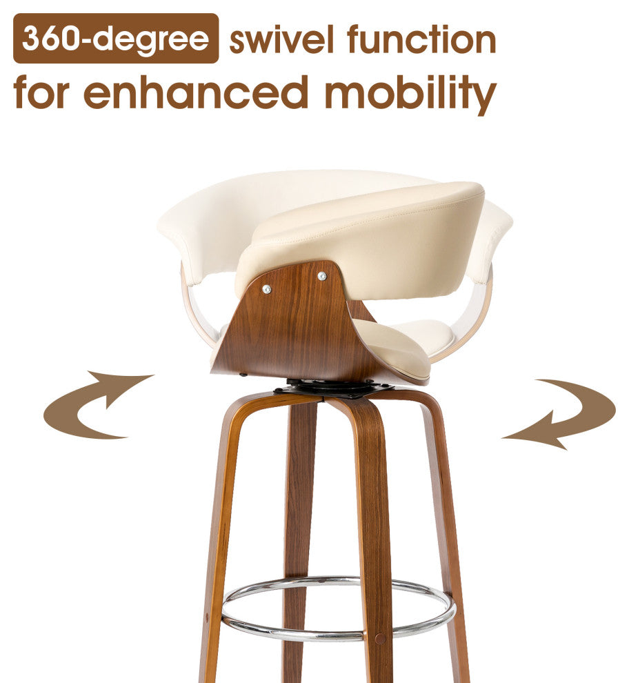 Bentwood Swivel Bar Chair, PU Leather, Set of 2, Cream