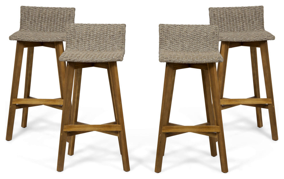 Jessie Outdoor Wood and Wicker Barstool, Set of 4, Light Brown, Teak Finish