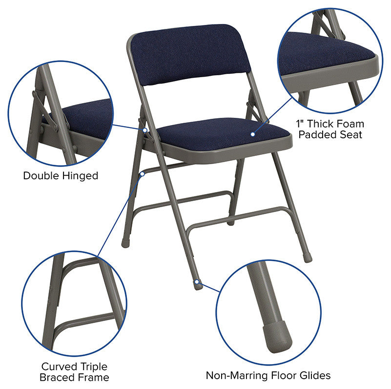 Curved Triple Braced and Double Hinged Navy Fabric Metal Folding Chair, Set of 4