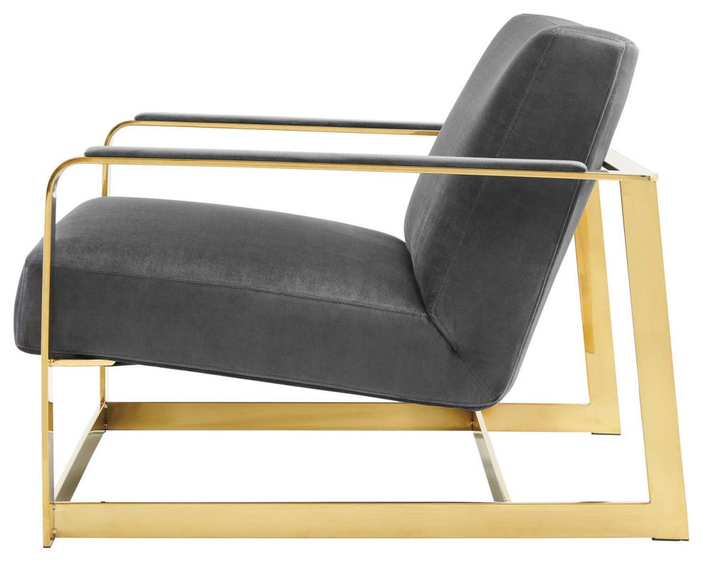 Accent Chair, Velvet, Metal, Gold Gray, Modern, Living Lounge Hospitality
