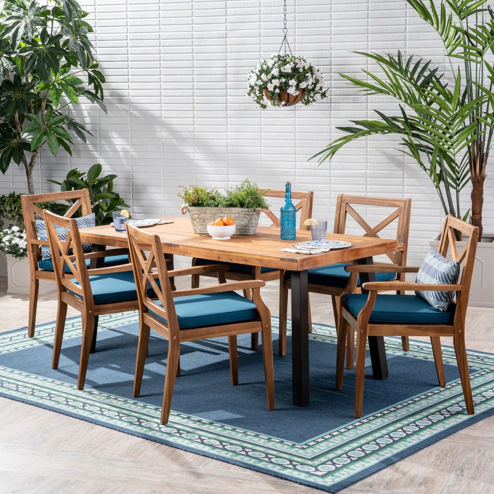 GDF Studio 7-Piece Justin Outdoor Acacia Wood Dining Set, Teak/Rustic Metal/Blue