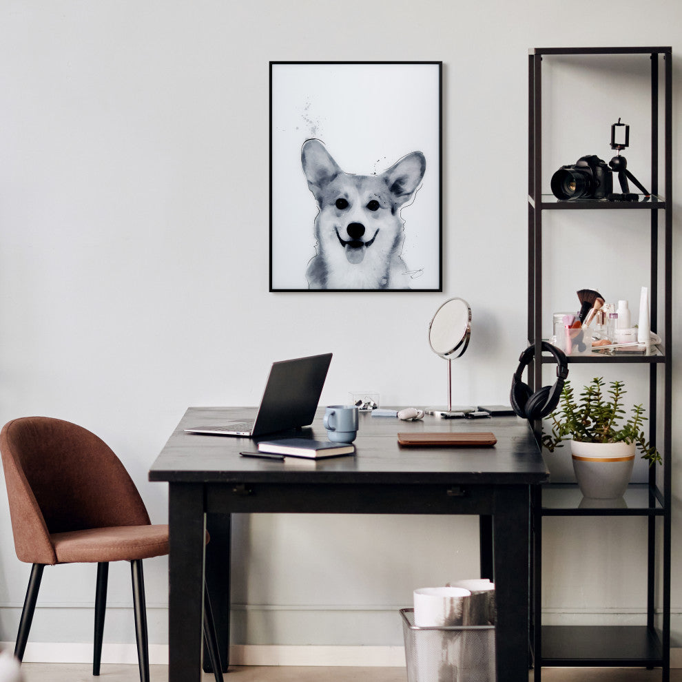 "Corgi" Black and White Pet Art on Printed Glass with Gunmetal Anodized Frame