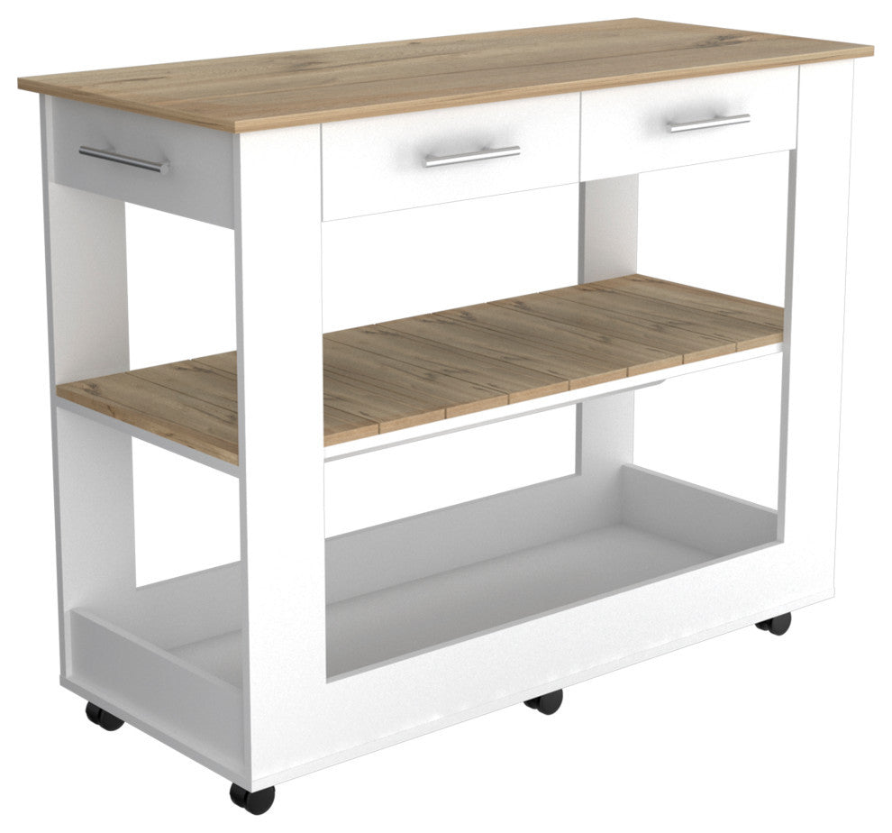 Brooklyn 80 Light Oak Accented Kitchen Island, with shelves and drawers - White