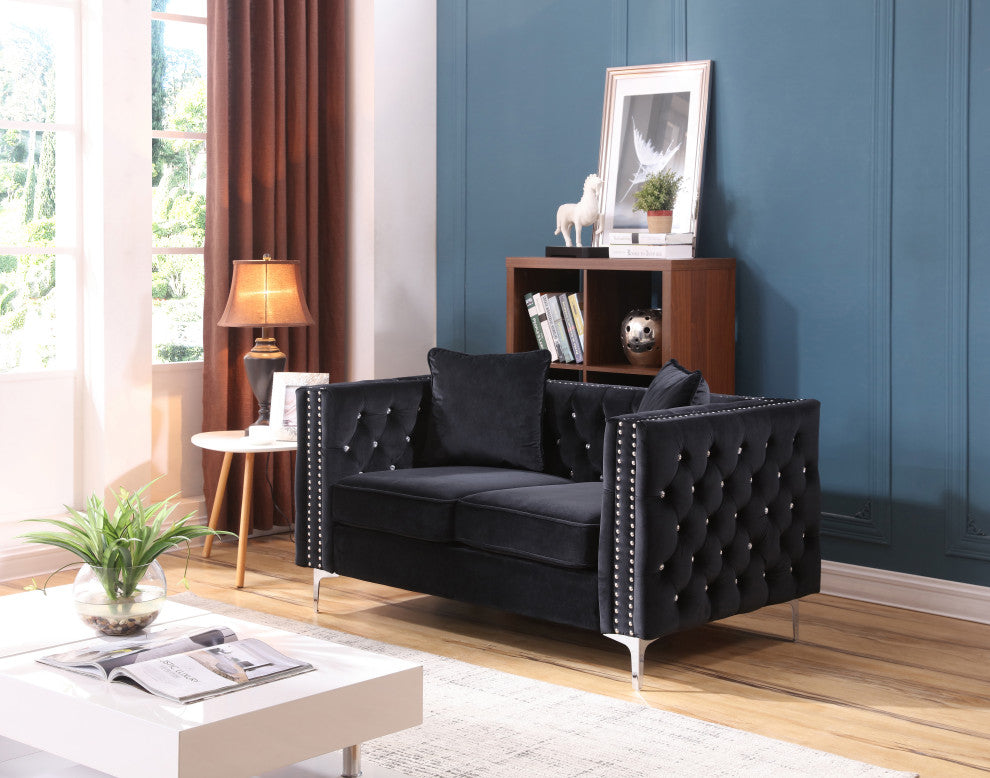 Paige Velvet Tufted Loveseat, Black