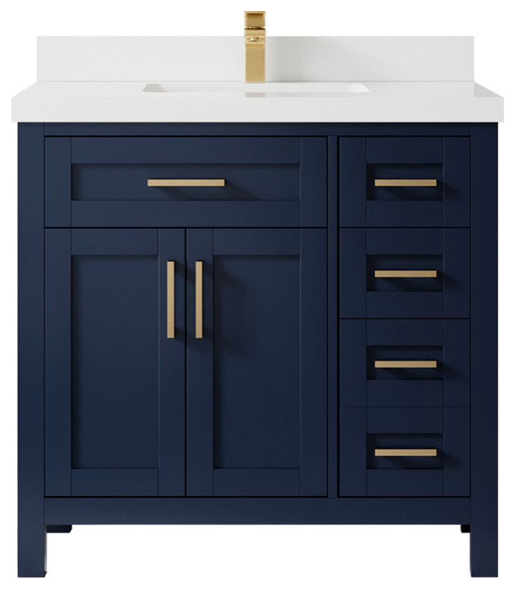 Cambridge 36 Center Sink Bath Vanity in Hale Navy Blue 2" White Quartz