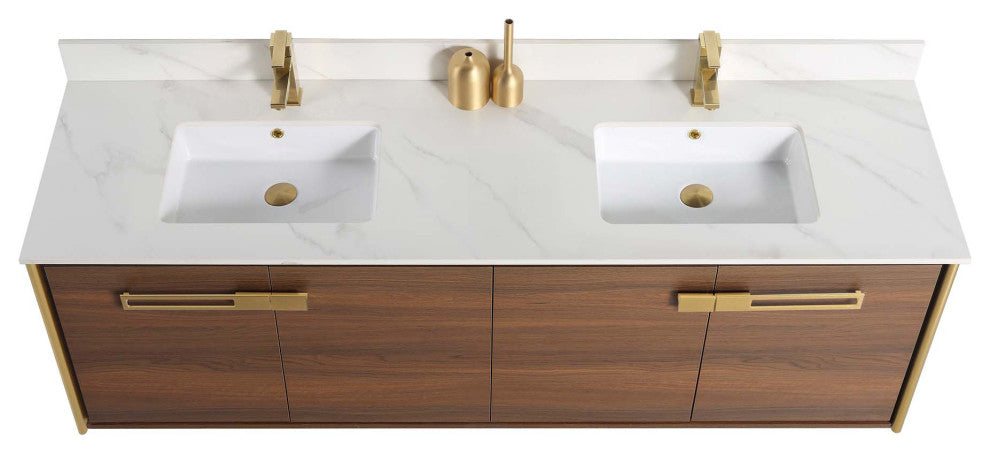 Oakville Wall Mount Bathroom Vanity, Walnut Ebony, 72", Satin Brass Hardware