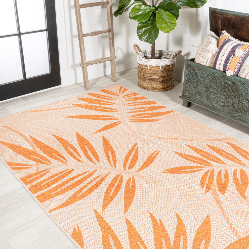 Havana Tropical Palm Leaf Indoor/Outdoor Area Rug, Cream/Orange, 4 X 6