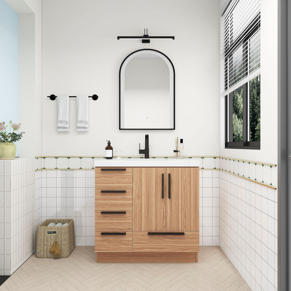 Carla 36" Freestanding Bathroom Vanity With Left Side Drawers, White Oak