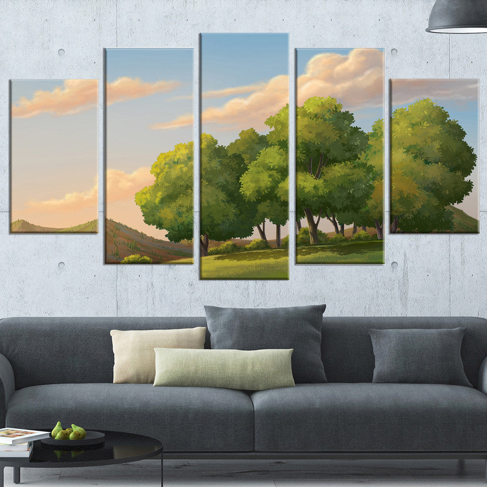 "Green Mounds With Green Trees" Landscape Wall Art Print, 5 Panels, 60"x32"