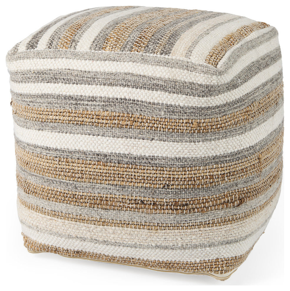 Aahana 16.0Lx16.0Wx16.0H White/Taupe/Gray Striped Hemp and Cotton Pouf