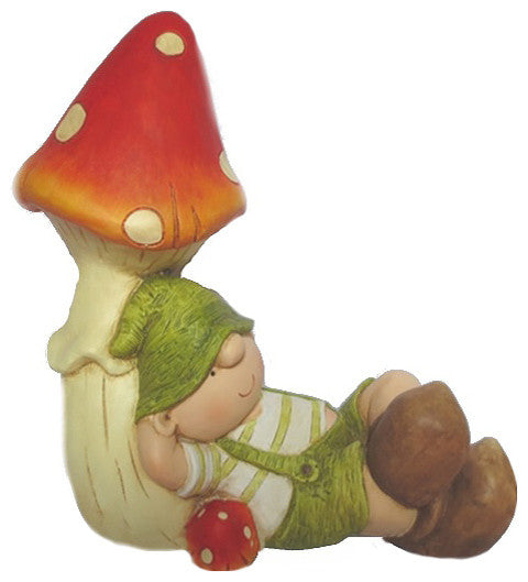 Young Boy Gnome Under a Mushroom Spring Outdoor Garden Patio Figure, 8.25"