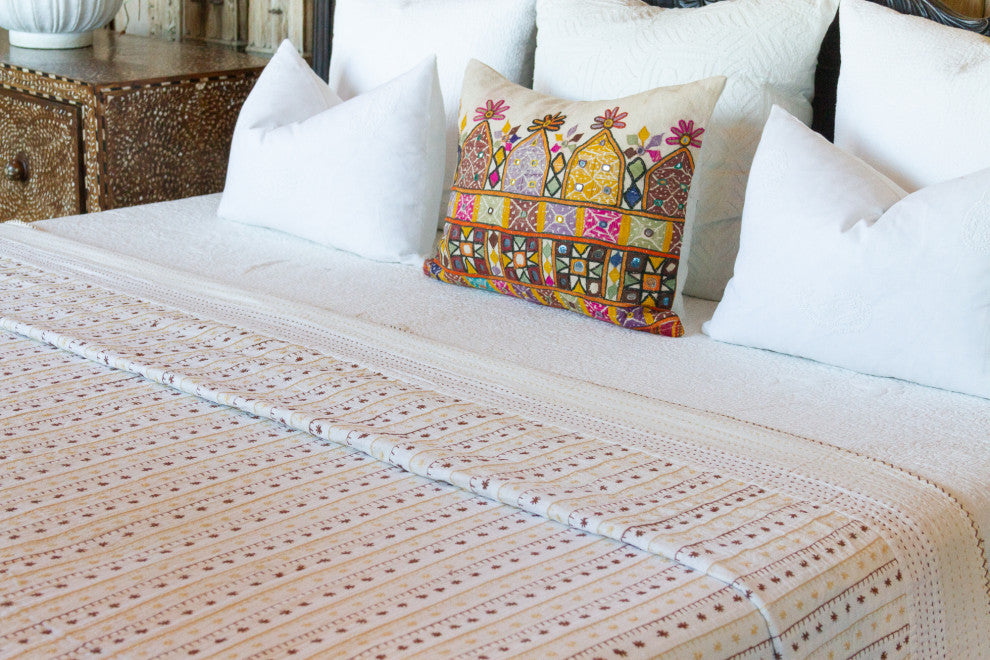 Summer White Quilted Cotton Kantha Bedcover