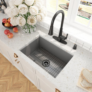 27in Undermount Single Bowl Fireclay Kitchen Sink with Grid and Drainer, Matte Gray