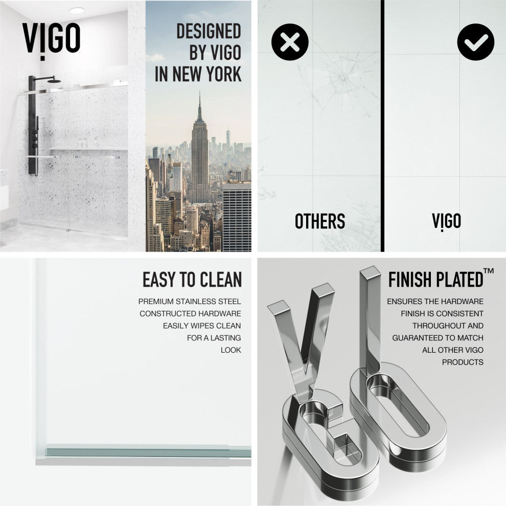 VIGO Houston Frameless Sliding, V-Motion, Chrome, Shower Door, 56" to 60" W X 76" H, Clear Glass
