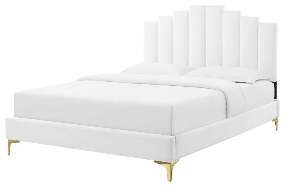 Platform Bed Frame, King Size, Velvet, White, Modern Contemporary, Bedroom