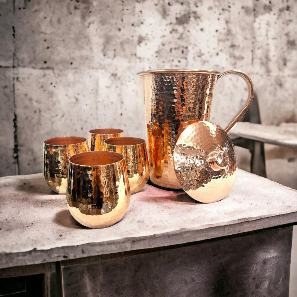 Set of 1 Shiny Copper Pitcher and 4 Tumblers
