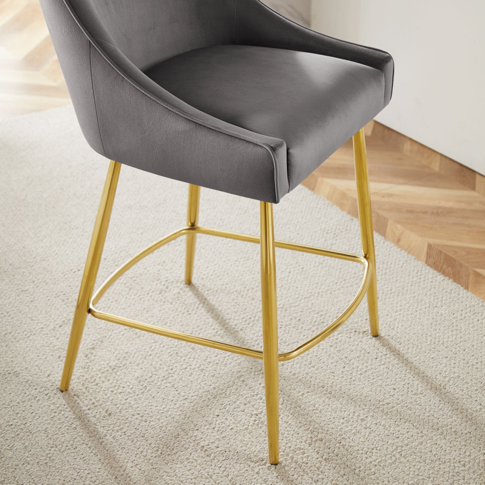 Counter Stool Chair, Set of 2, Gray, Velvet, Modern, Mid Century Lounge