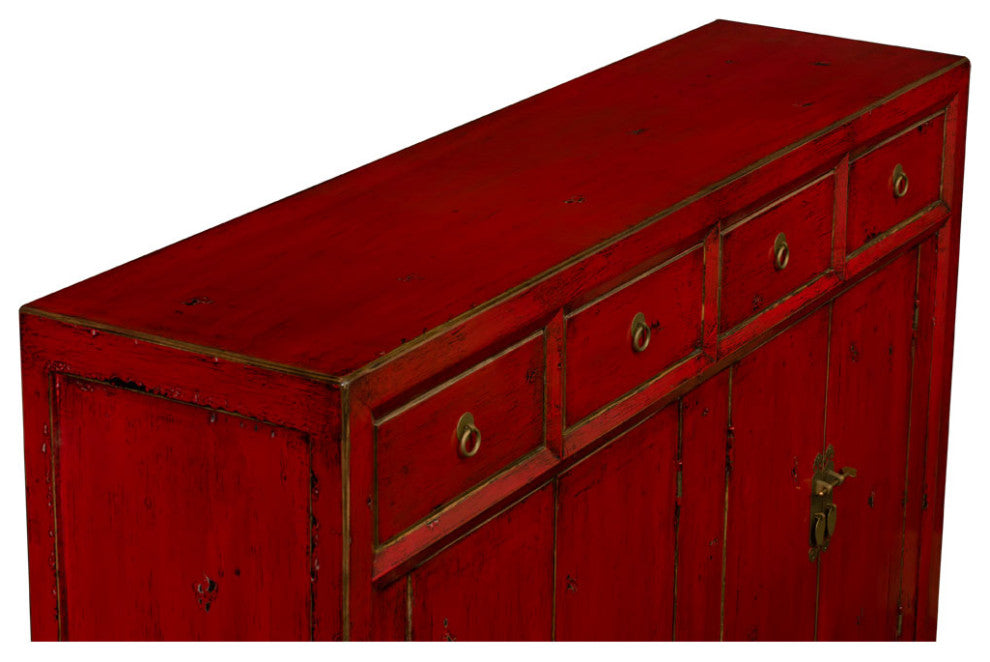 Distressed Red Elmwood Chinese Ming Sideboard
