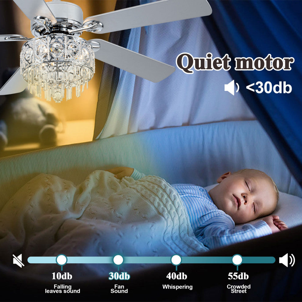 52" Modern Silver Crystal Ceiling Fan 6-speed with Dimmable Light and Remote, Chrome, 52"
