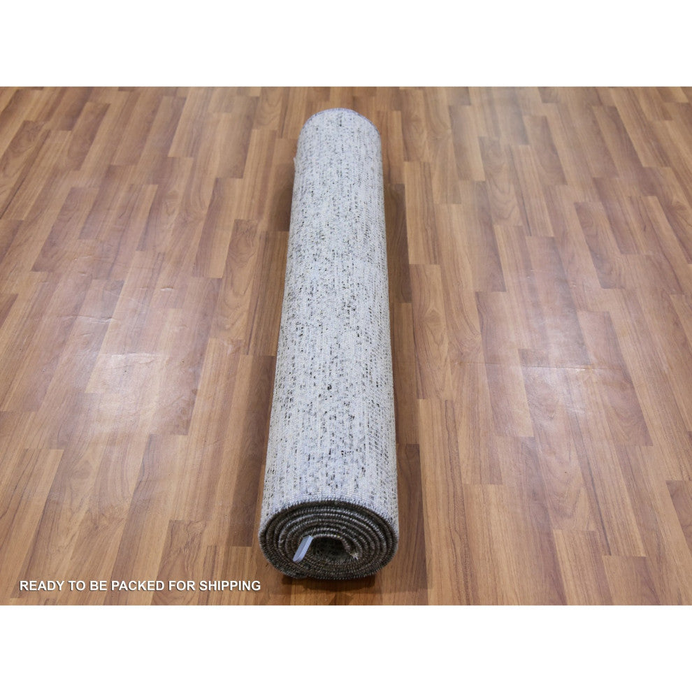Silver Gray 100% Undyed Wool Grass Design Hand Knotted Wide Runner Rug 4'x10'1"