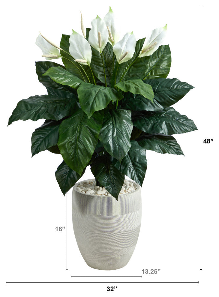 4' Spathiphyllum Artificial Plant, White Designer Planter