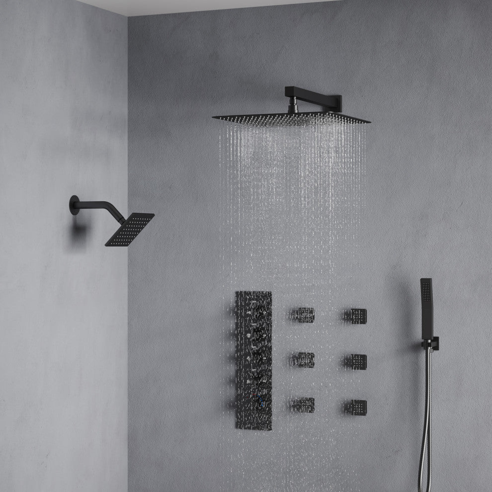 Dual Heads 16" Thermostatic Shower System With Hand Shower, Matte Black