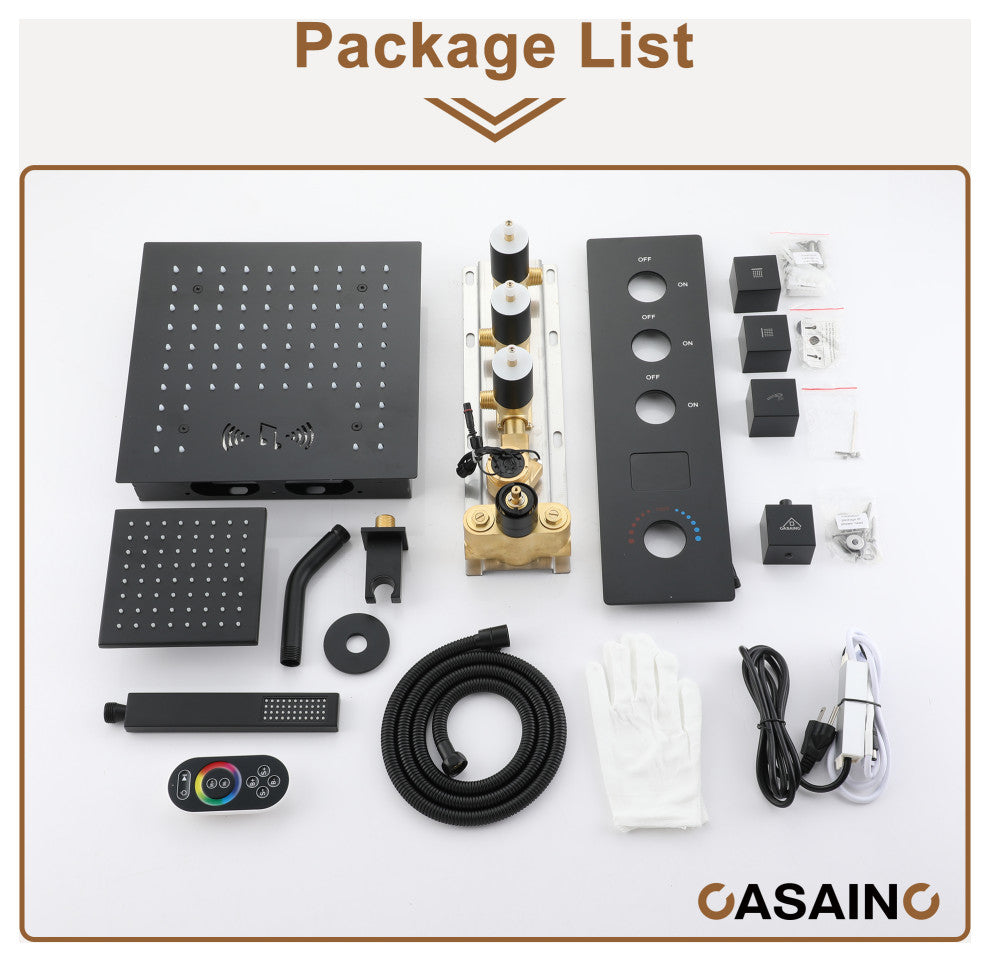 12inch Luxury Shower Dual Shower Head System With LED Light and Bluetooth, Matte Black