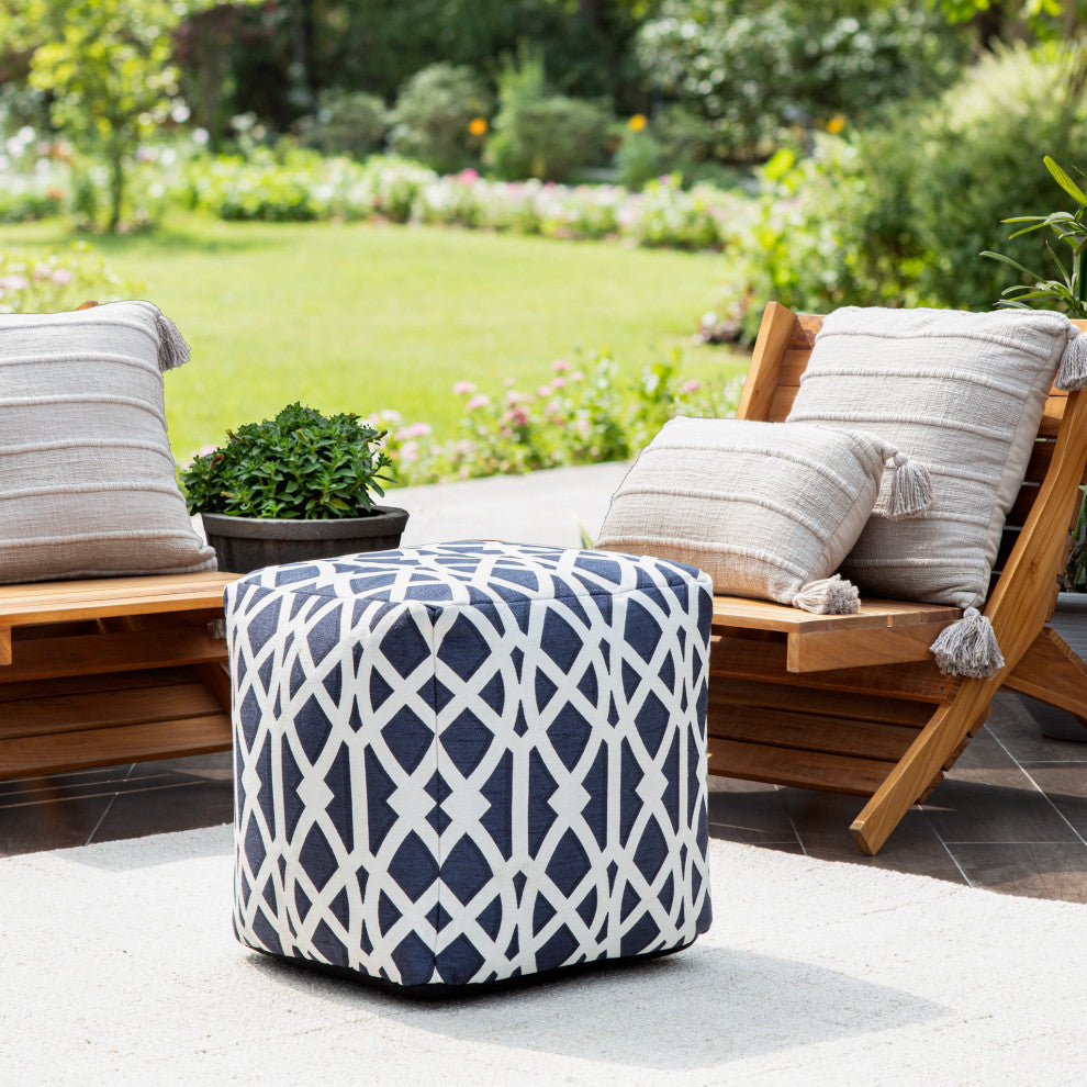 Sark Blue 18" x 18" x 18" Blue and Ivory Pouf