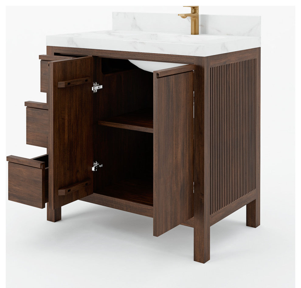 Elizabeth 36 Right Offset Bath Vanity in Dark Walnut Teak 2" White Quartz