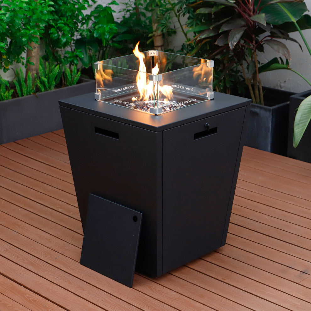 LeisureMod Marlin Chaise Lounge Chair With Arms and Fire Pit Table, Black