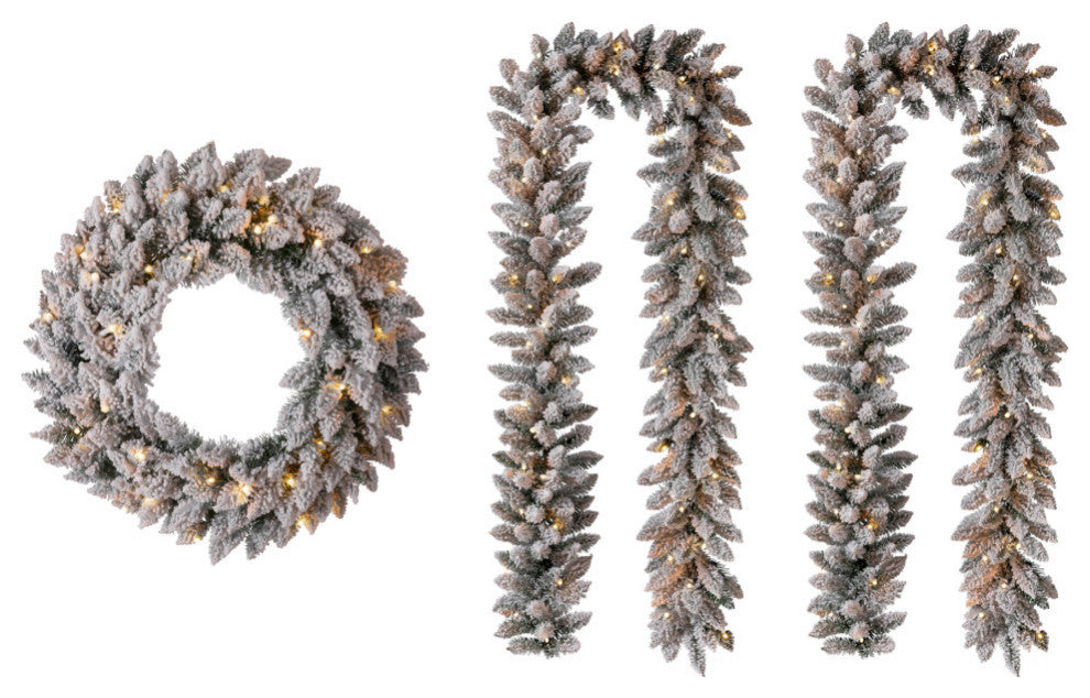 24" Pre-Lit Snow Flocked Wreath and 9' Garland Set, 3-Piece Set