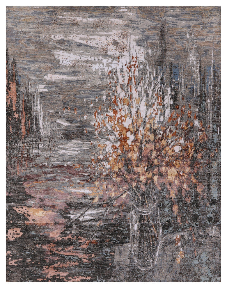 8' 1" X 10' 4" Modern Branches, a Vase Design Handmade Wool and Silk Rug Q8553