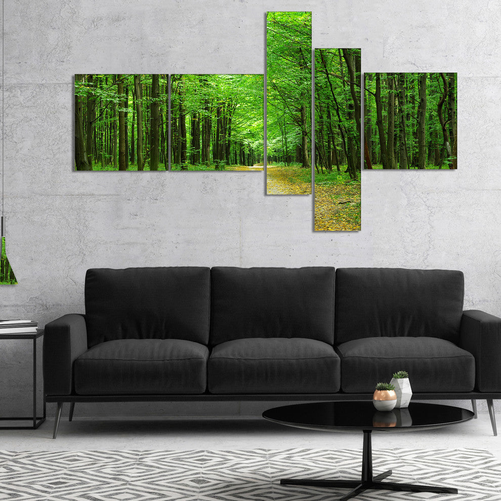 Pathway in Green Forest, Landscape Photography Canvas Print, 60"x32", 5 panels