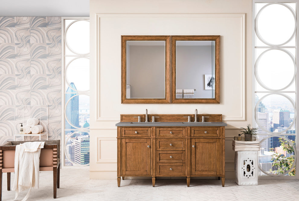 Brittany 60" Saddle Brown Double Vanity, Gray Expo Quartz Top