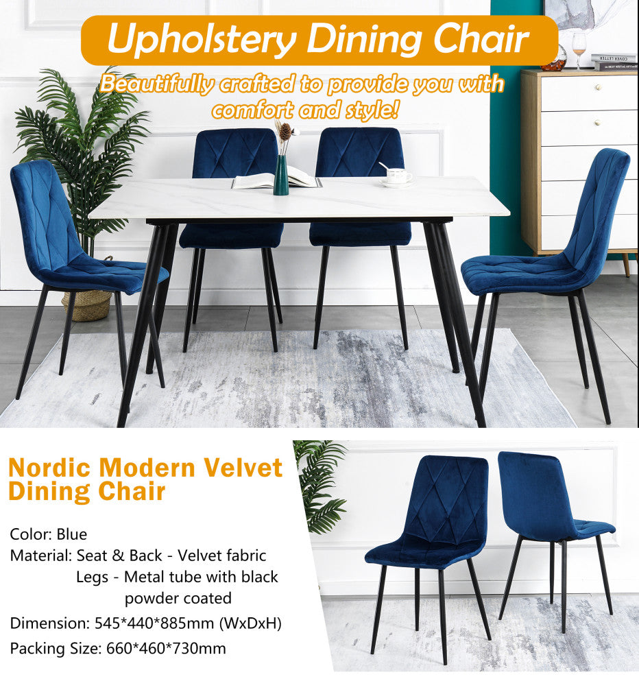 15 in.W Indoor Dining Velvet 4-Chair with Cushions and Metal Legs, Blue