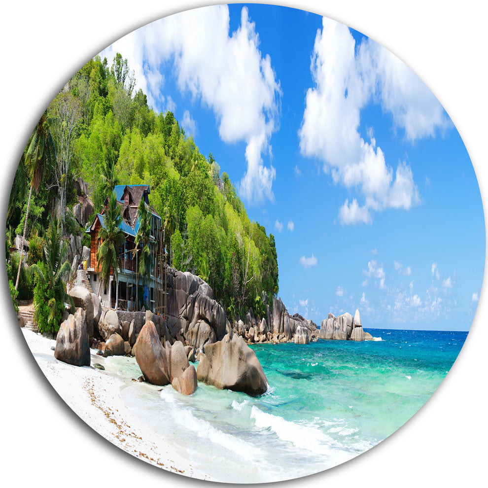 Takamaka Beach In Mahe Island, Modern Seascape Round Wall Art, 36"