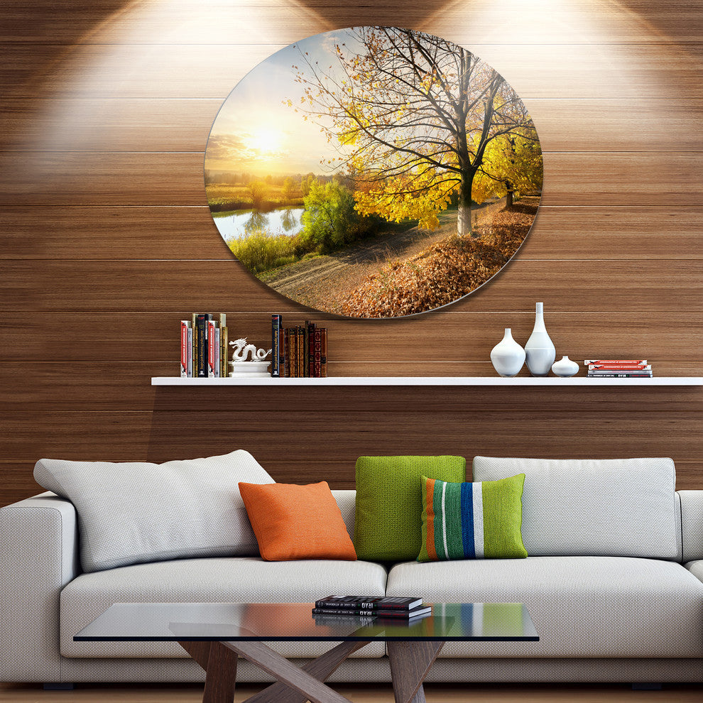 Beautiful Road By The River, Landscape Wall Disc Metal Artwork, 11"