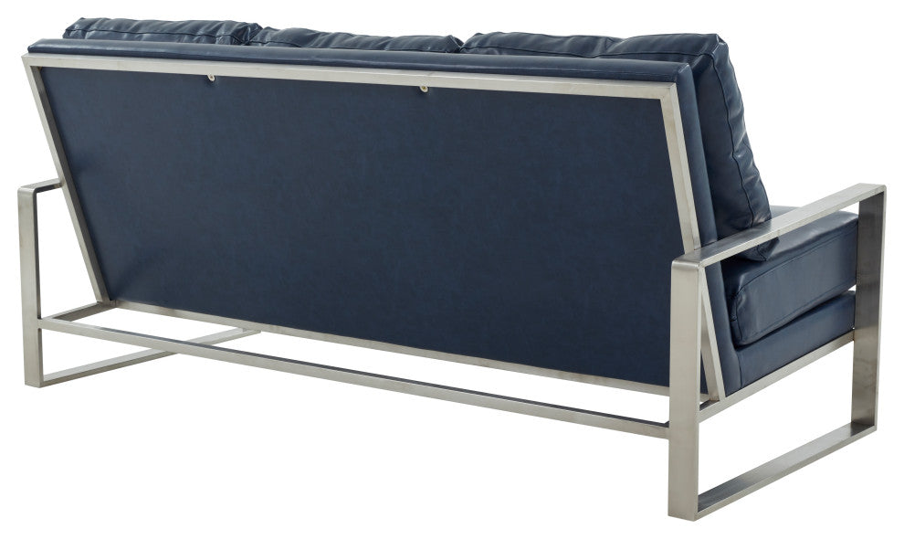LeisureMod Jefferson Modern Faux Leather Sofa With Silver Frame, Navy Blue