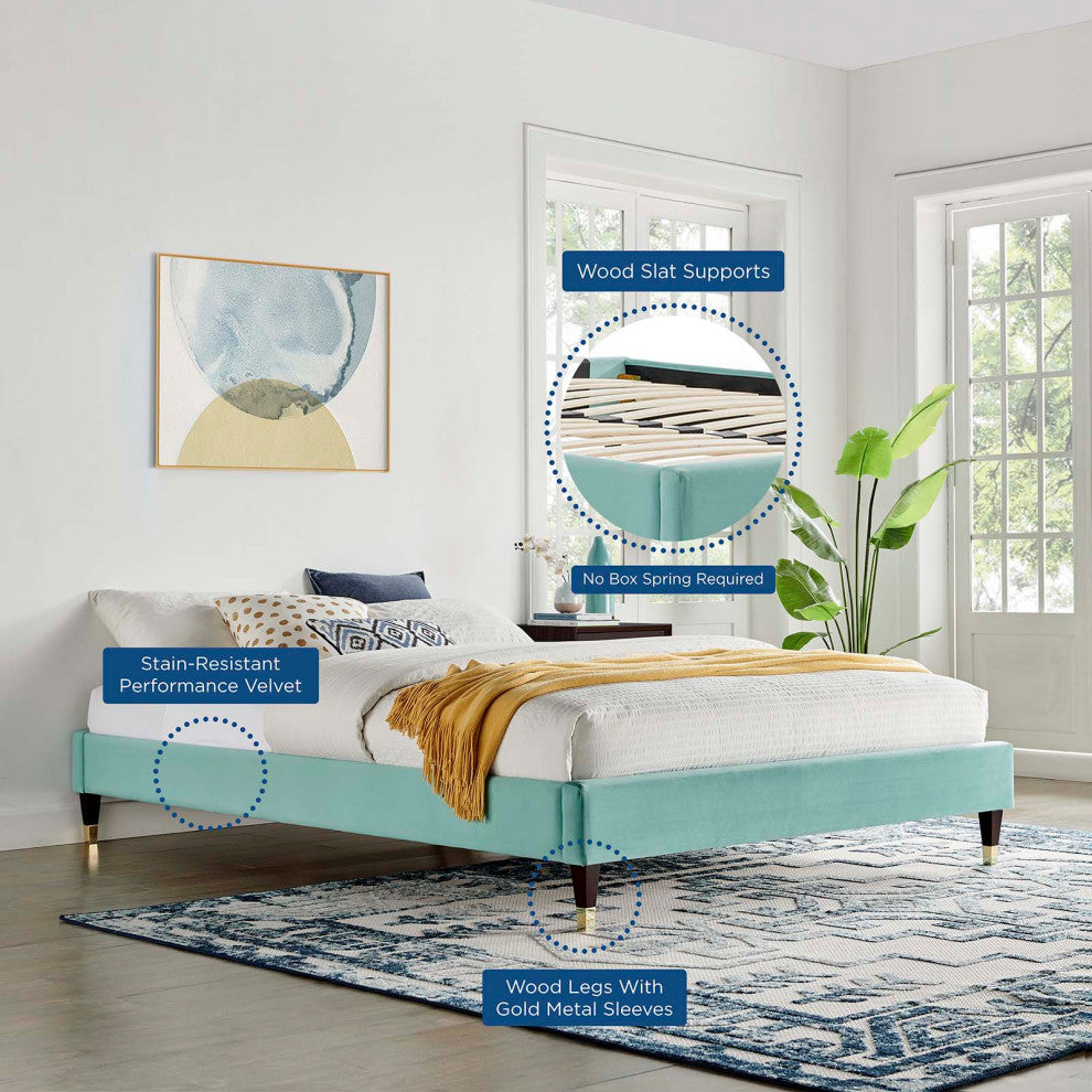Harlow Queen Performance Velvet Platform Bed Frame-Mint