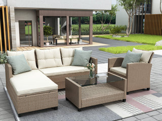 Gewnee Conversation Set Wicker Ratten Sectional Sofa, Beige