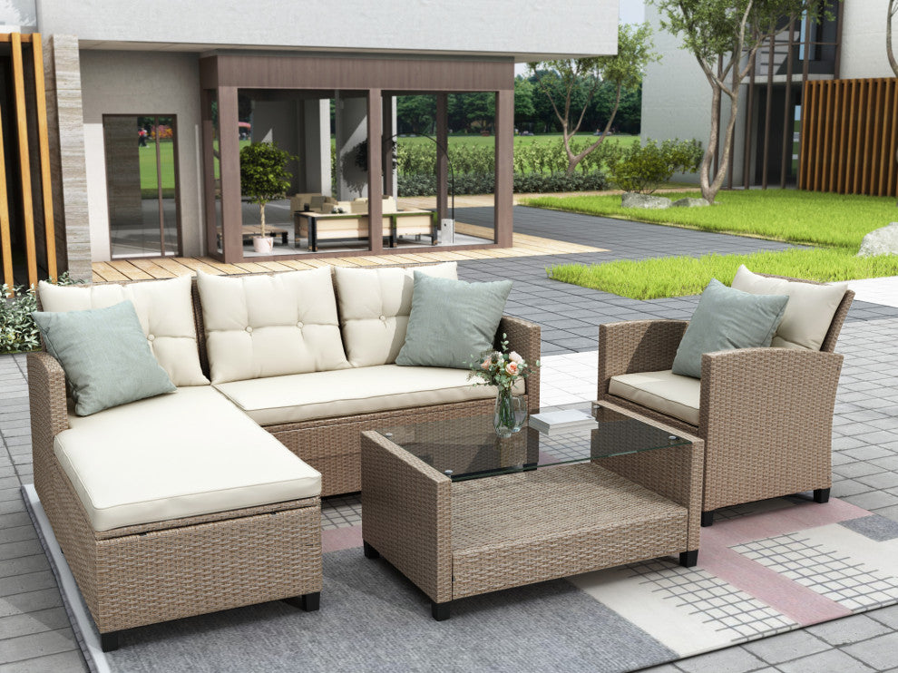 Gewnee Conversation Set Wicker Ratten Sectional Sofa, Beige